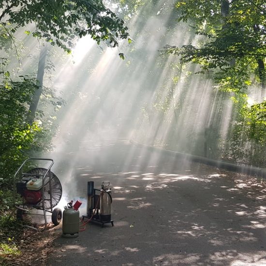 Nebelmaschine steht zwischen den Bäumen im Park und wirft künstlichen Nebel in den grünen Hirschgarten mitten in München